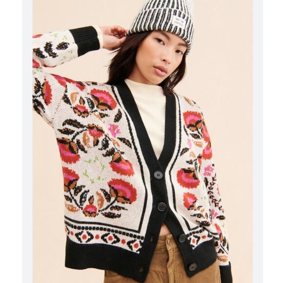 FARM Rio Sweaters - FARM Rio Palms Paradise Cardigan Sweater V-neck size M white black red